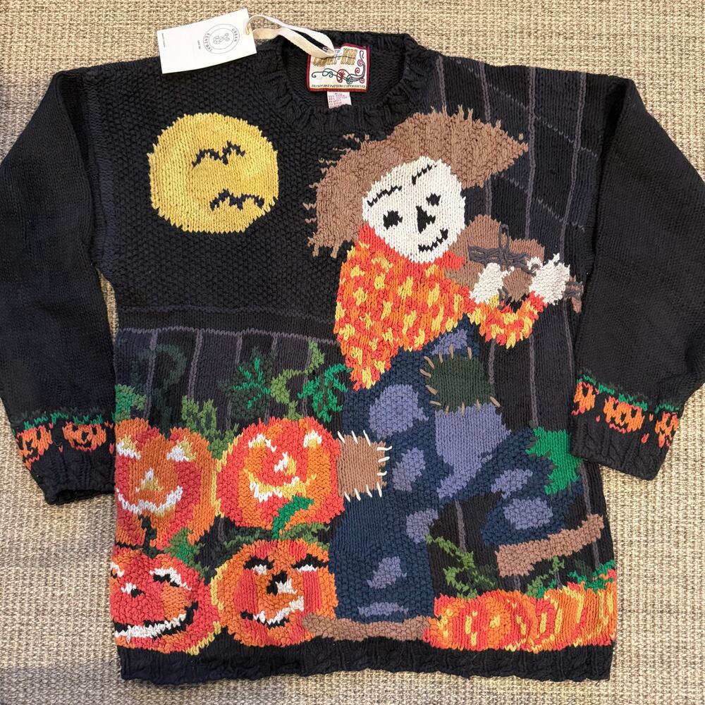 Vintage Halloween Scarecrow Pumpkin Chunky Knit Spooky Haunted Scary Sweater M